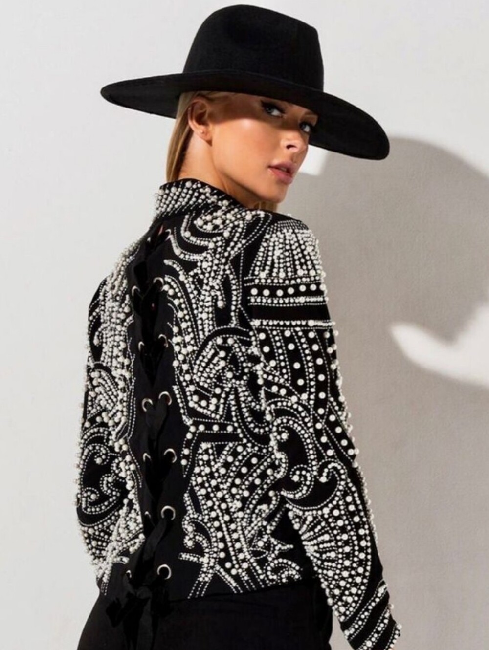 Azalea Wang Embellished Black Lace-Up Blazer Jacket